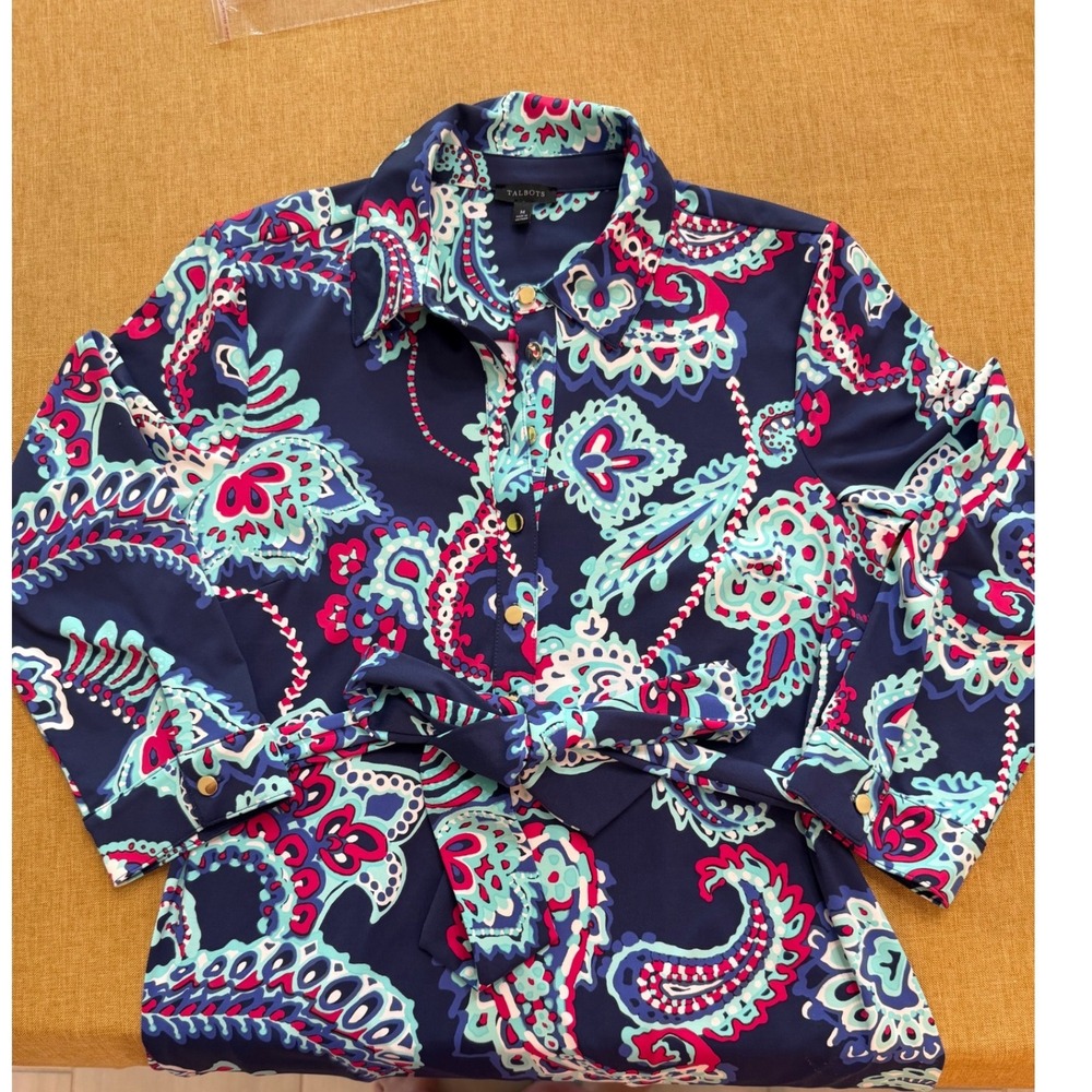 Talbots Womens Navy Blue Paisley Print Long Sleeve Button Front Shirt Dress M - Picture 2 of 7